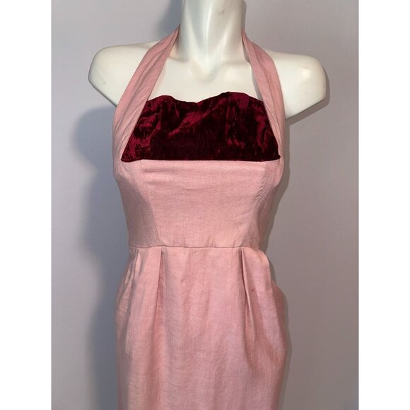 Vtg 60s Hannah Troy Pink Linen Wiggle Dress Maroon Detail Halter Pinup Small - Picture 2 of 8
